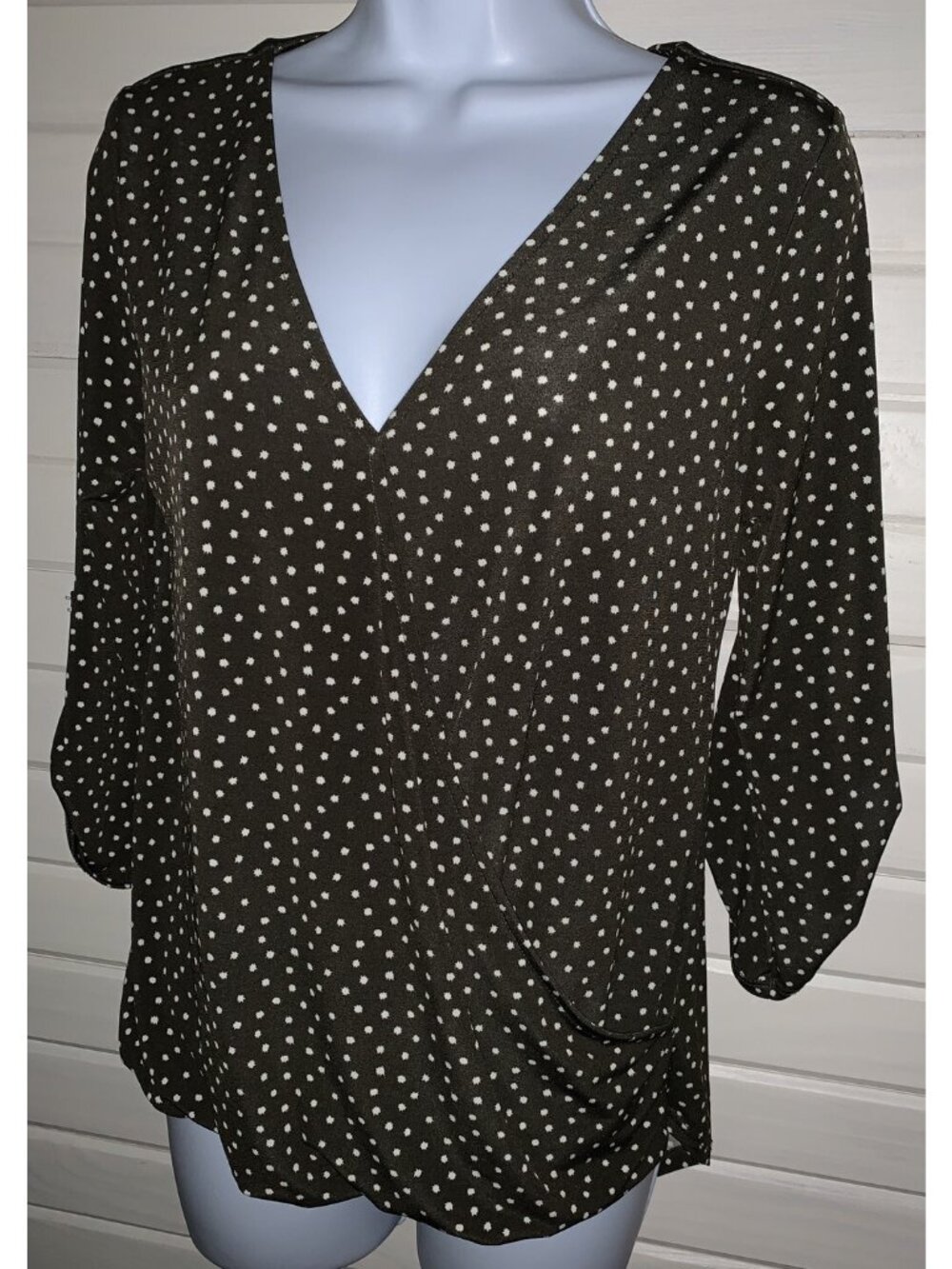 Beacon Stitch Fix Sz SMALL Julia Surplice Faux Wrap Knit Top Brown USA Made EUC